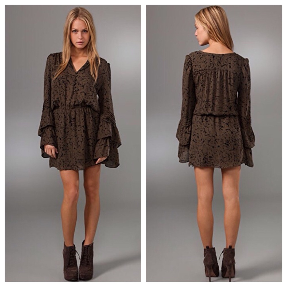 NWT Parker Double Flare Sleeve Dress In Brown Camo